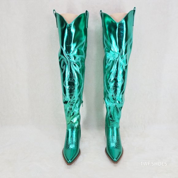 Country Disco Cowboy Metallic Green Western Cowgirl OTK Thigh Boots New - Picture 14 of 15